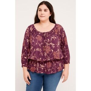 Croft & Barrow Womens Purple Floral 3/4 Sleeve XL Elastic Waist Boho Peasant